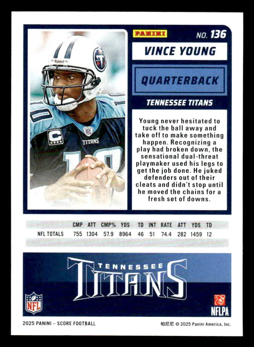 Football trading card featuring Vince Young from Tennessee Titans 2025 Score-A-Treat #136