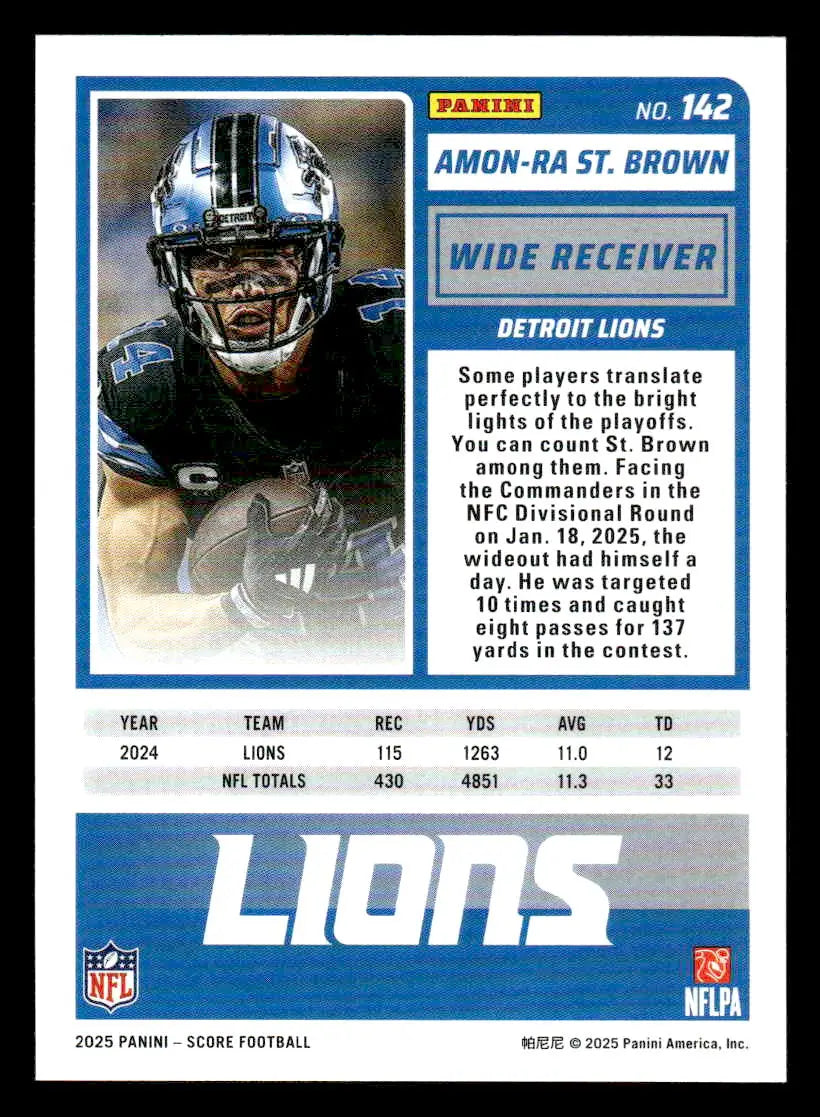 2025 Panini Score Football trading card of Amon-Ra St. Brown from Detroit Lions