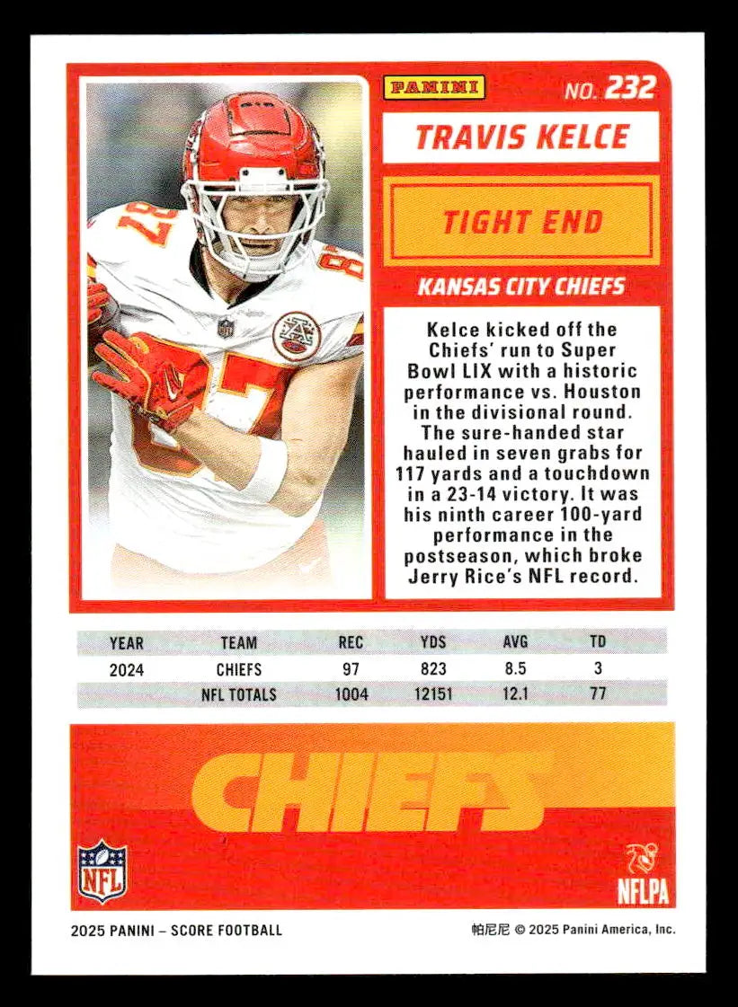 Football trading card featuring Travis Kelce from Kansas City Chiefs 2025 Score-A-Treat