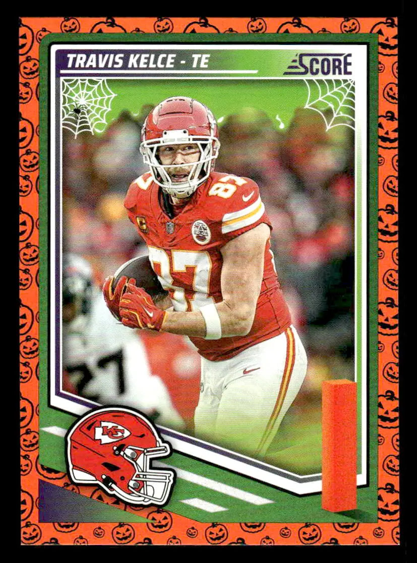 Halloween-themed football trading card of Travis Kelce in Kansas City Chiefs uniform