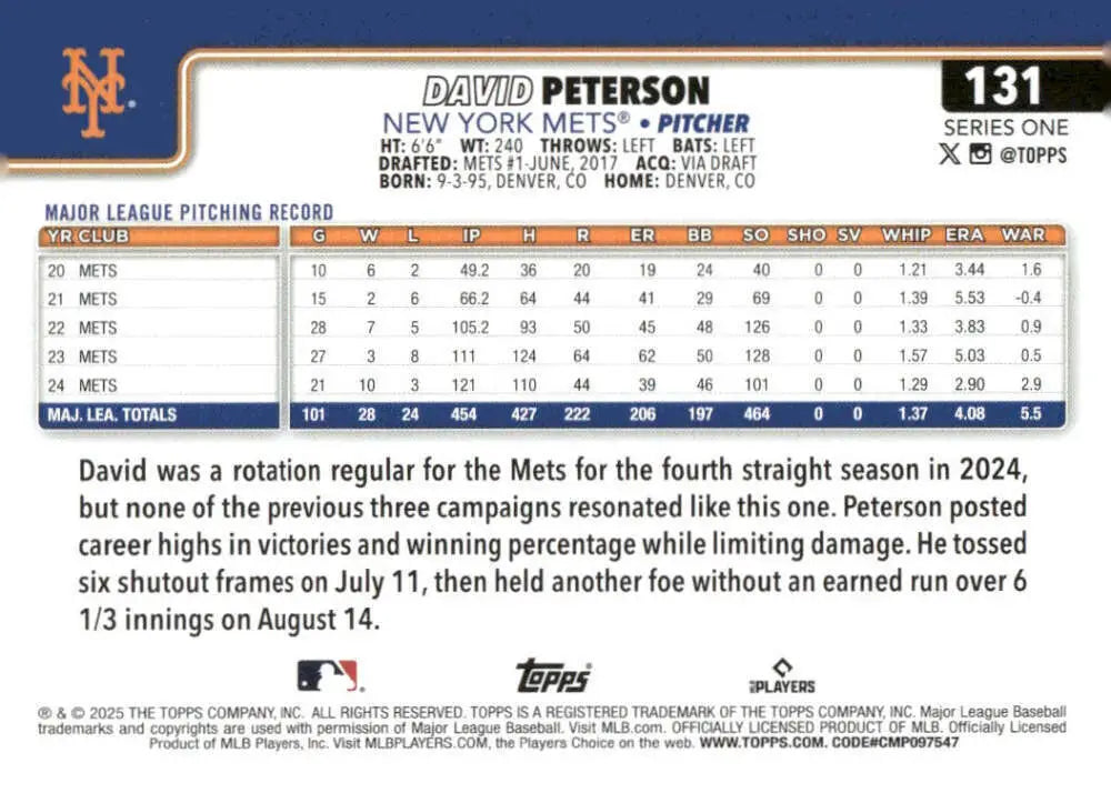 David Peterson baseball card 2025 Topps #131 New York Mets collectible image