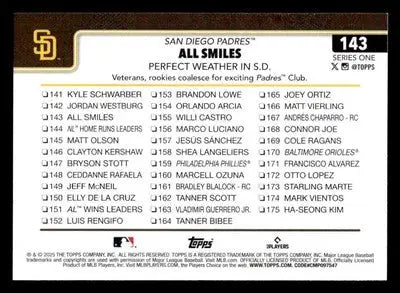 Baseball trading card featuring San Diego Padres with smiles perfect weather in 2025 Topps
