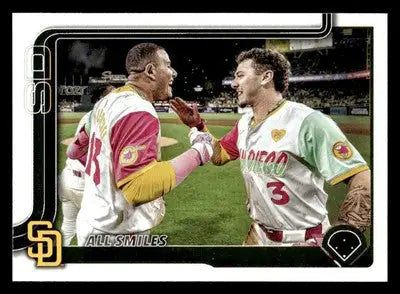 Baseball trading card featuring two players with smiles perfect weather in San Diego