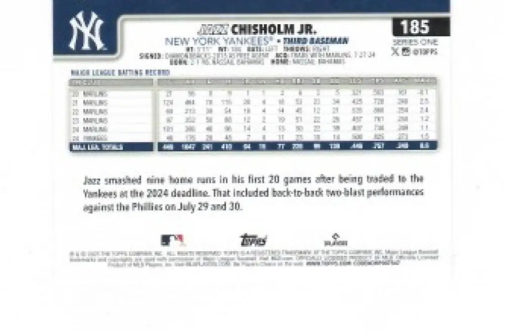 Baseball card back featuring Jazz Chisholm and New York Yankees player info