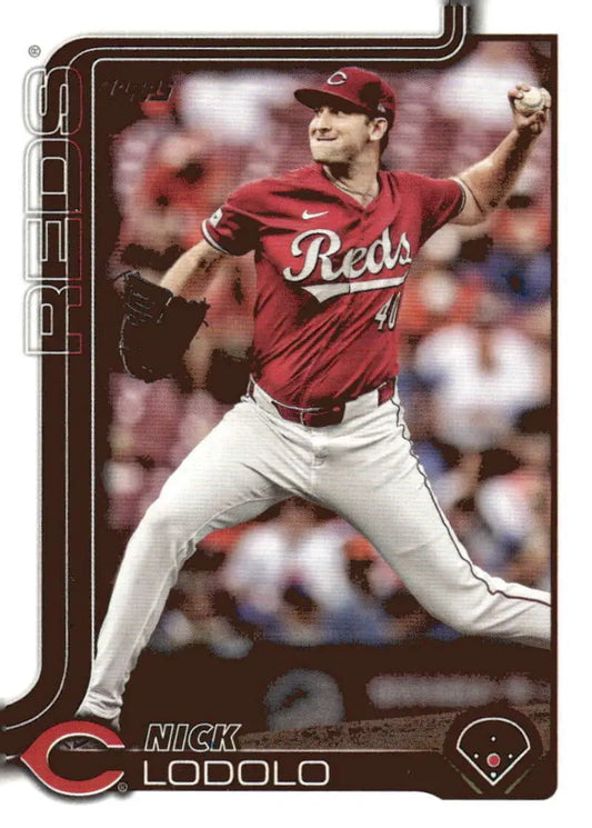Baseball card of Nick Lodolo, Cincinnati Reds pitcher, from 2025 Topps collection