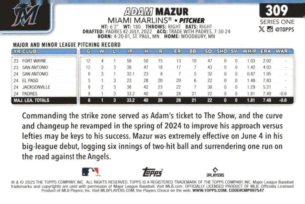 Adam Mazur Miami Marlins baseball card from 2025 Topps #309 rookies collection