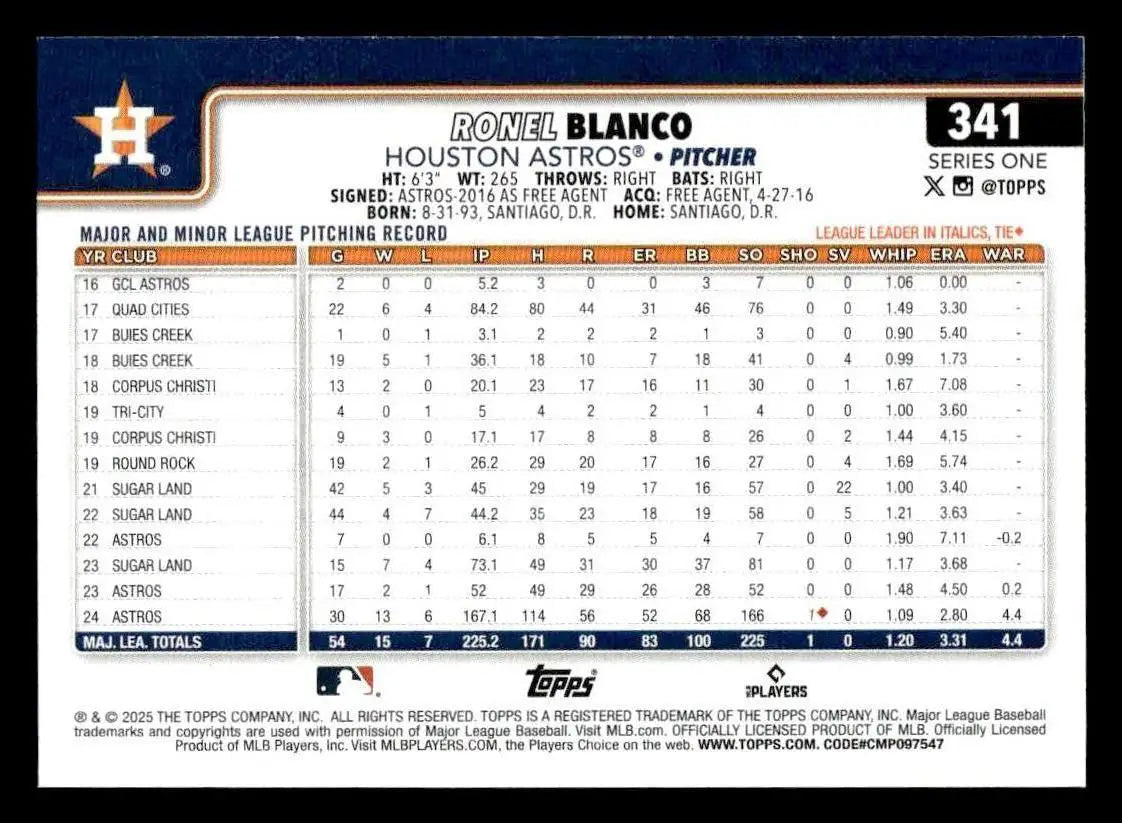 Ronel Blanco baseball card from 2025 Topps #341 showcasing Ronel Blanco’s baseball card