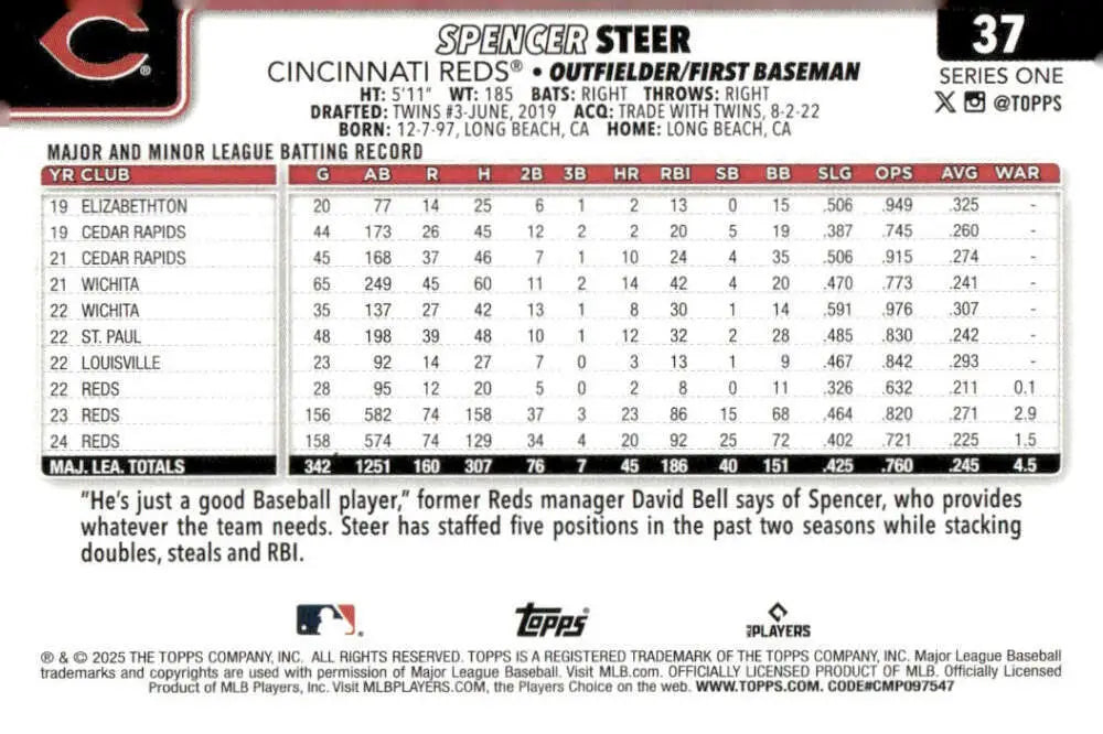 2025 Topps Spencer Steer Cincinnati Reds baseball card NM-MT clean collectible image