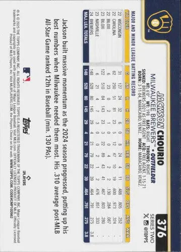 Baseball card back with original gloss from 2025 Topps #376 Jackson Chourio NM-MT Brewers