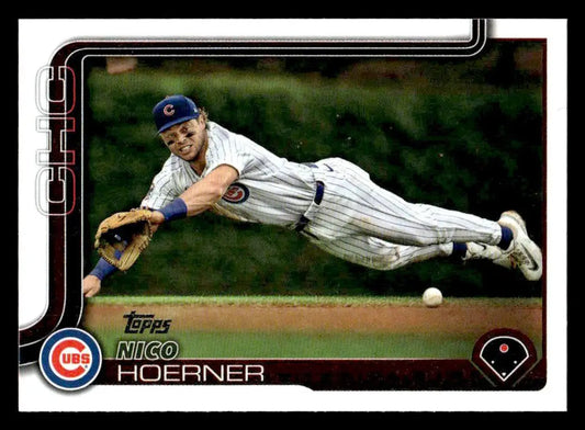 2025 Topps Nico Hoerner baseball card featuring Cubs player diving for a ball