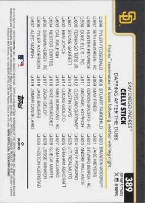 Baseball card back with original gloss from the 2025 Topps Xander Bogaerts Padres combo card checklist