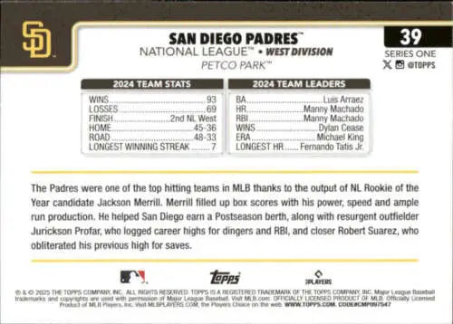 Baseball card back with original gloss from 2025 Topps San Diego Padres collection