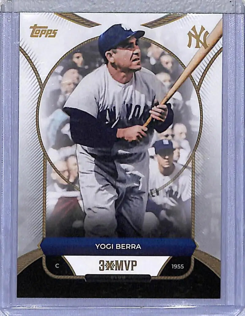 Yogi Berra baseball card from 2025 Topps 3XMVP series featuring New York Yankees icon