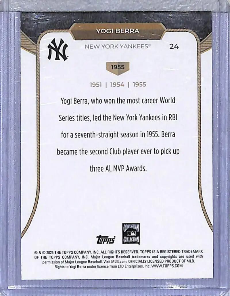 Yogi Berra baseball card from 2025 Topps 3XMVP series featuring New York Yankees icon
