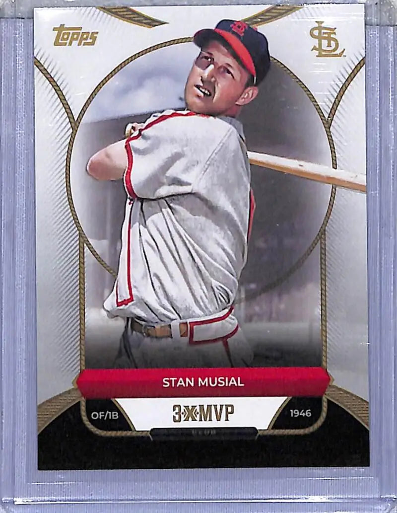 Stan Musial baseball card from 2025 Topps 3XMVP series featuring St. Louis Cardinals