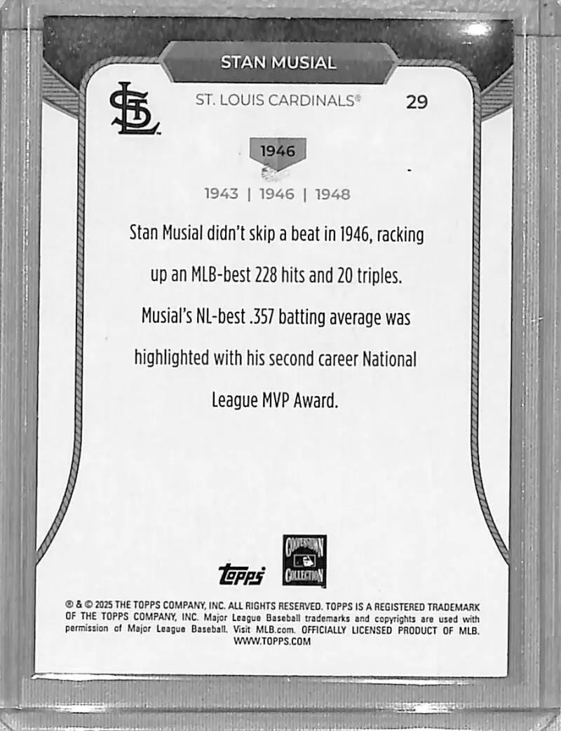 Stan Musial baseball card from 2025 Topps 3XMVP series featuring Louis Cardinals
