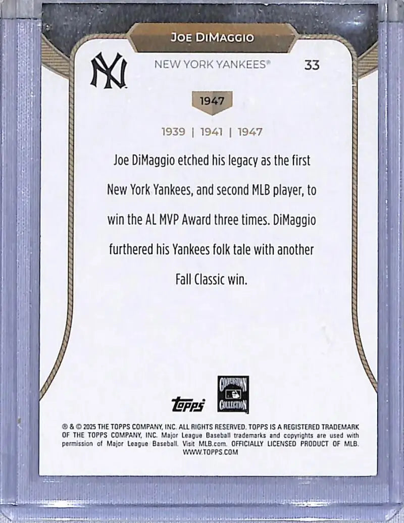 Joe DiMaggio baseball card from 2025 Topps 3XMVP series featuring New York Yankees