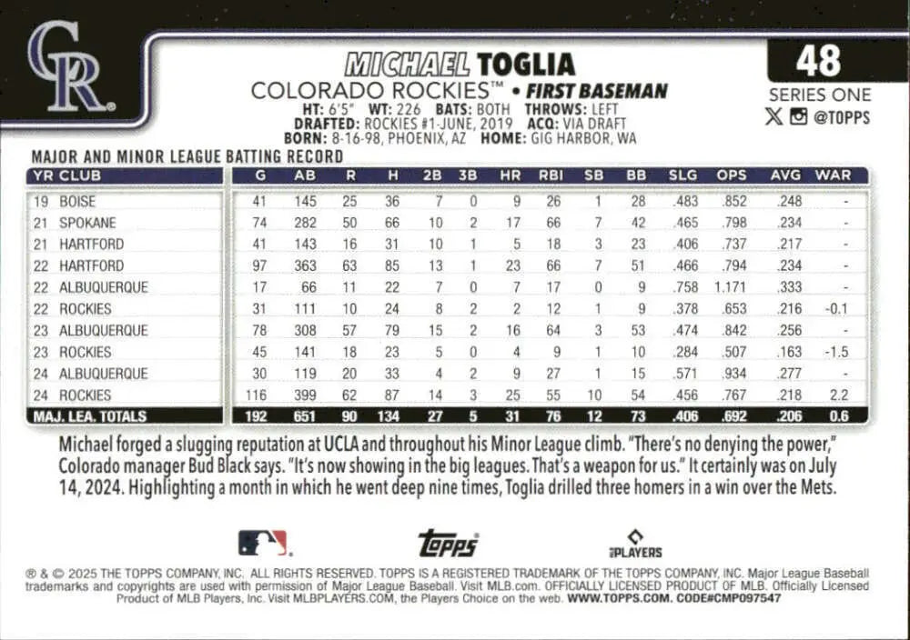 Michael Toglia Colorado Rockies baseball card from 2025 Topps #48 NM-MT