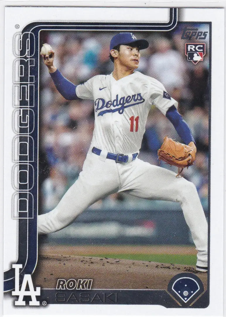 Baseball trading card featuring Roki Sasaki RC Los Angeles Dodgers pitcher