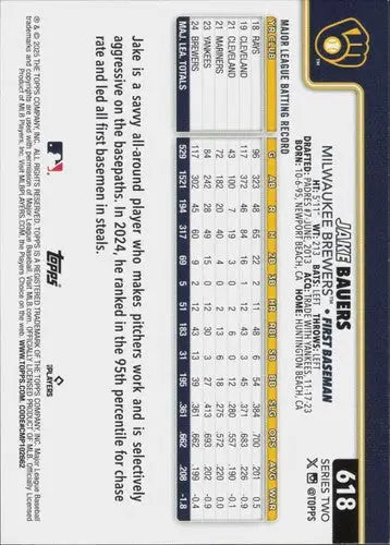 Original gloss 2025 Topps Jake Bauers NM-MT Brewers baseball card image