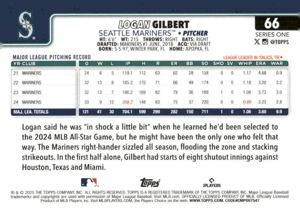 Logan Gilbert baseball card 2025 Topps #66 NM-MT Seattle Mariners collectible