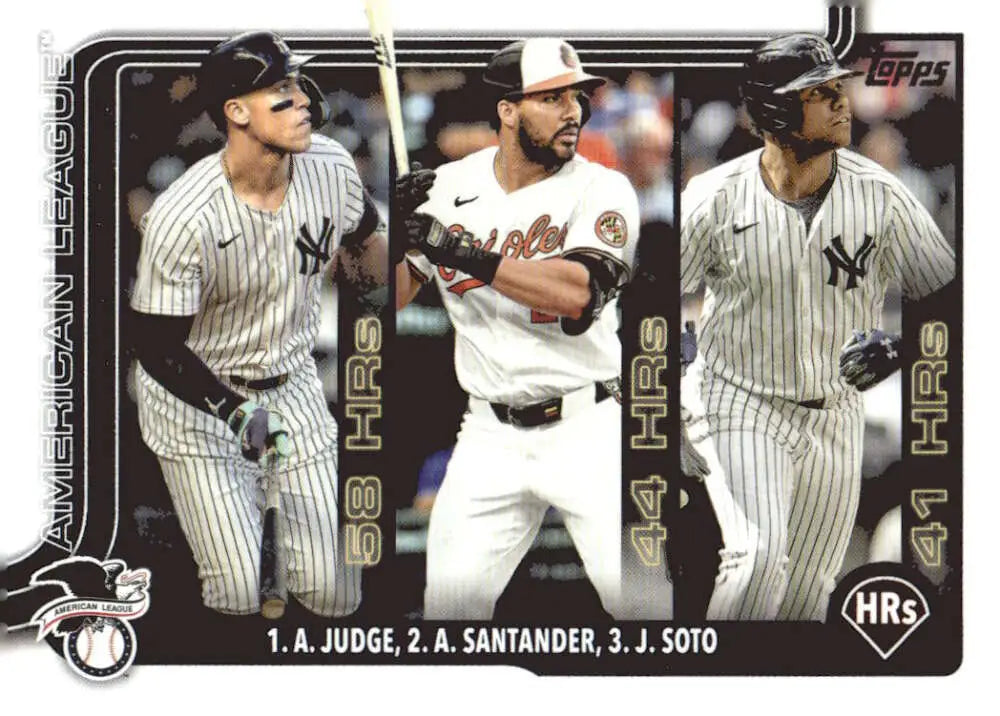 Baseball card featuring Aaron Judge, Anthony Santander, and Juan Soto from 2025 Topps