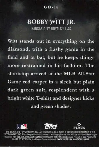 Baseball trading card featuring Bobby Witt Jr. from 2025 Topps Celebration Gameday Drip series