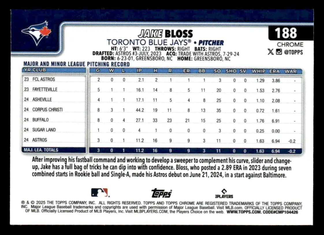 Jake Bloss Toronto Blue Jays 2025 Topps Chrome X-Fractors trading card image
