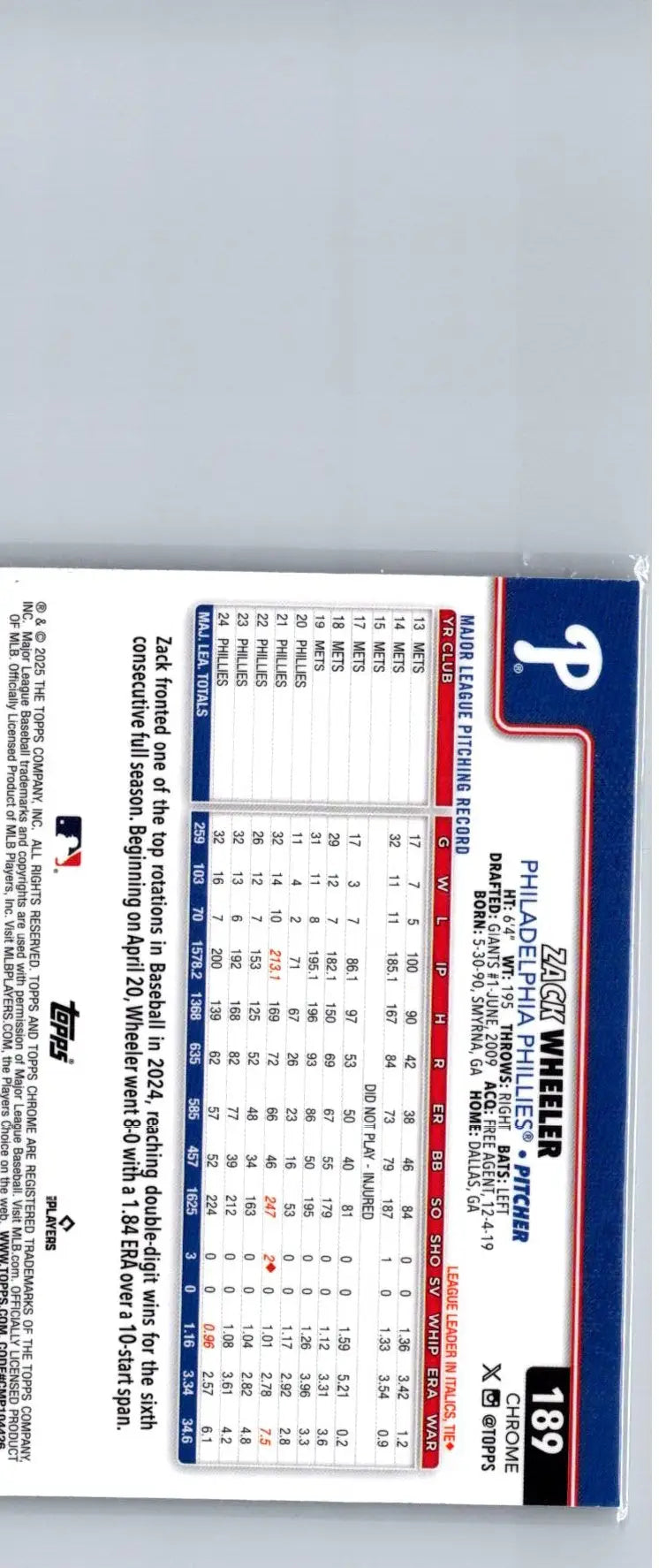 Back of 2025 Topps Chrome Zack Wheeler X-Fractors baseball card with player stats
