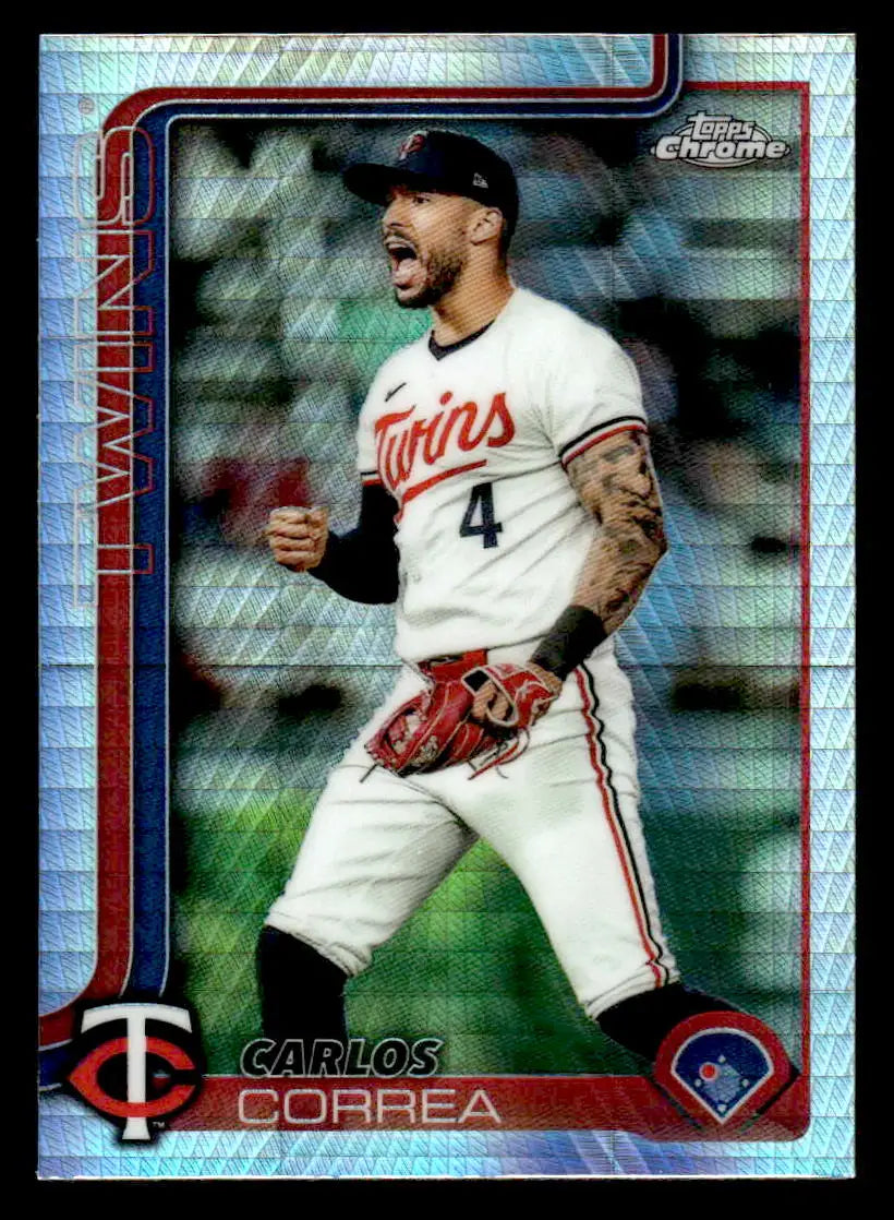 Carlos Correa baseball trading card from 2025 Topps Chrome Prism Refractors collection