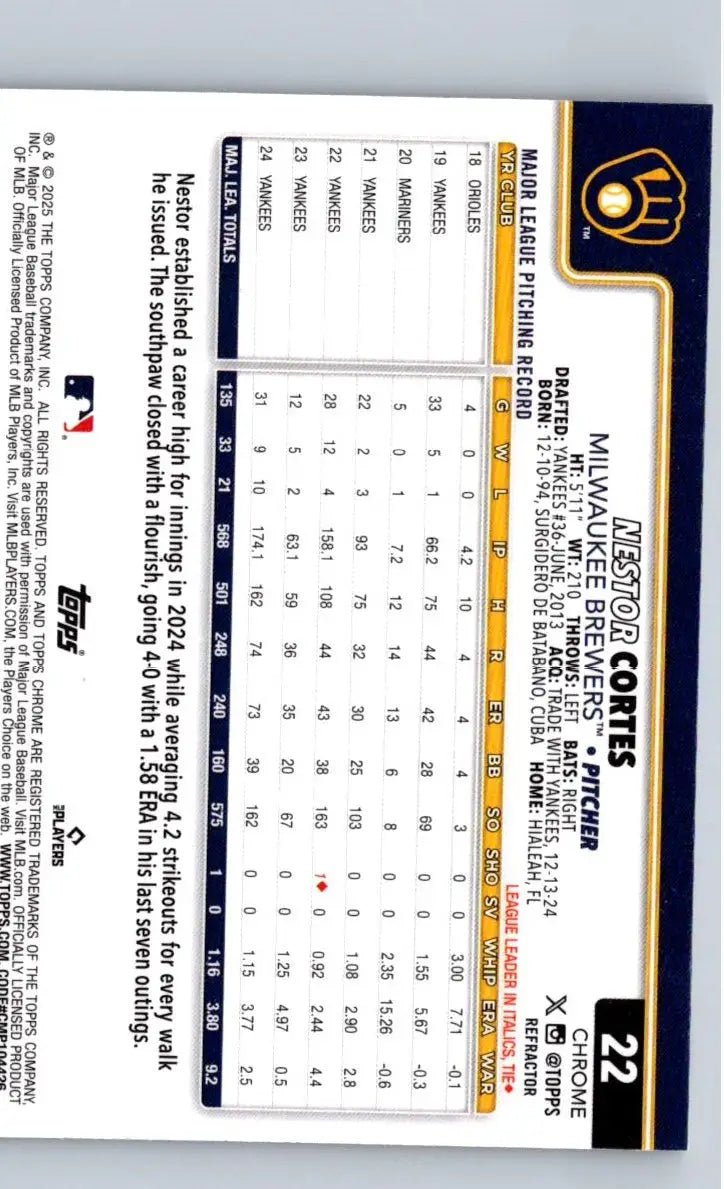 Baseball trading card of Nestor Cortes Refractors from 2025 Topps Chrome