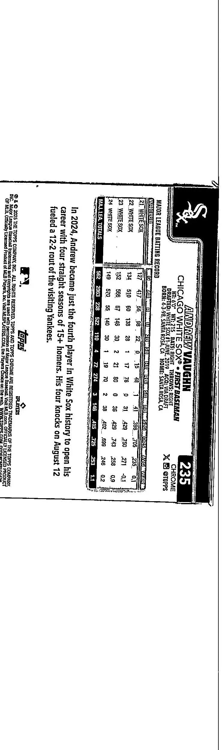 Baseball trading card of Andrew Vaughn from 2025 Topps Chrome X-Fractors series