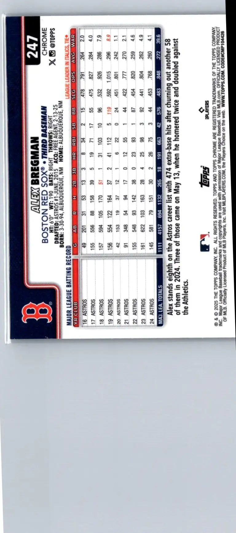Baseball trading card featuring Alex Bregman from 2025 Topps Chrome X-Fractors series