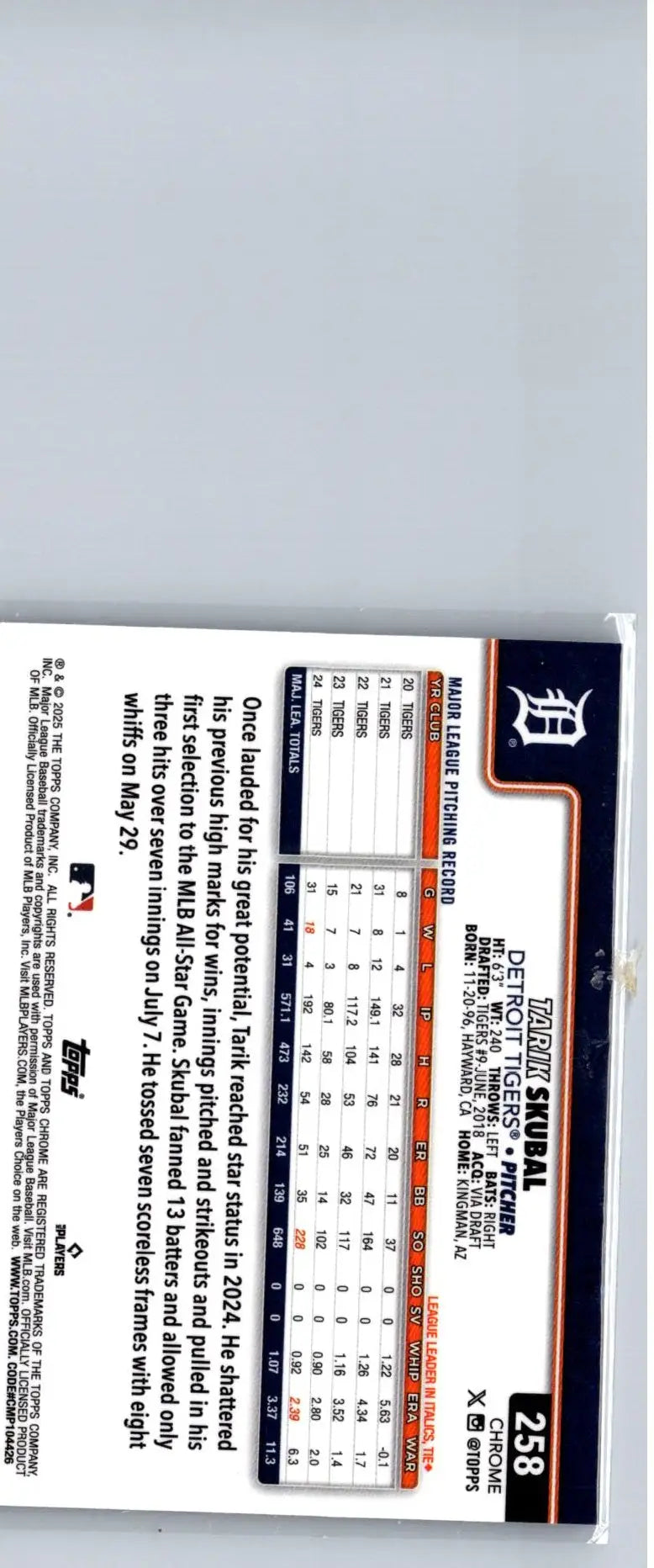 Baseball card of Tarik Skubal from Topps Chrome 2025 Topps Chrome #258 X-Fractors