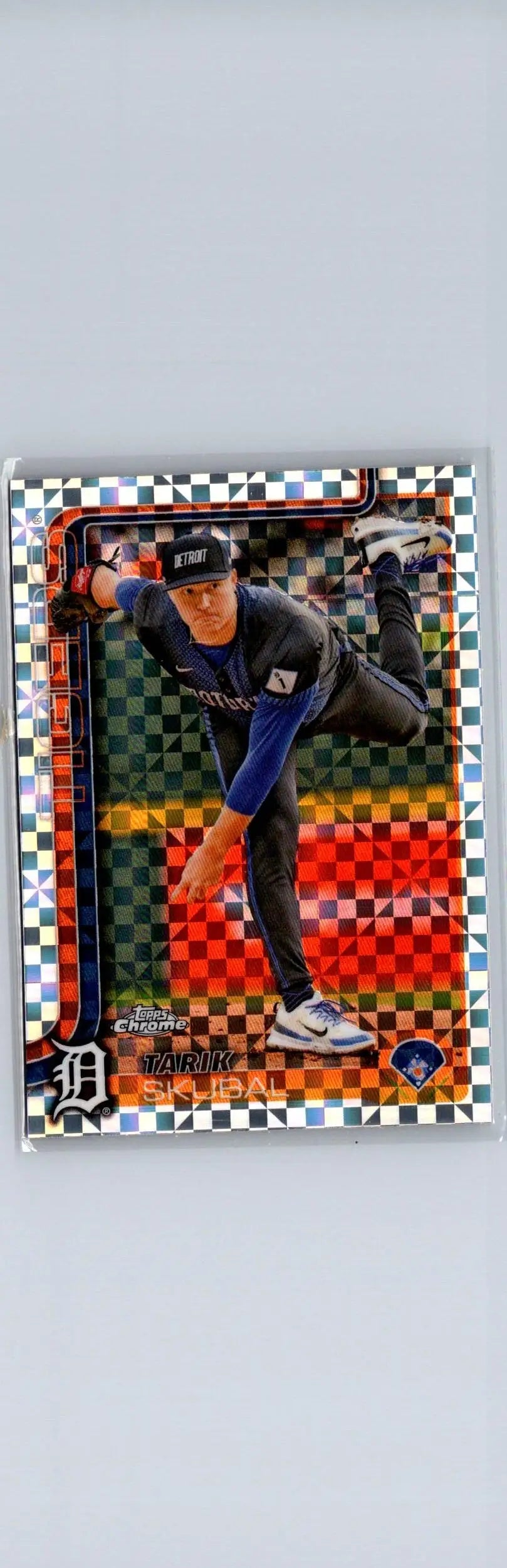 Tarik Skubal 2025 Topps Chrome trading card featuring pitcher in action with checkered background
