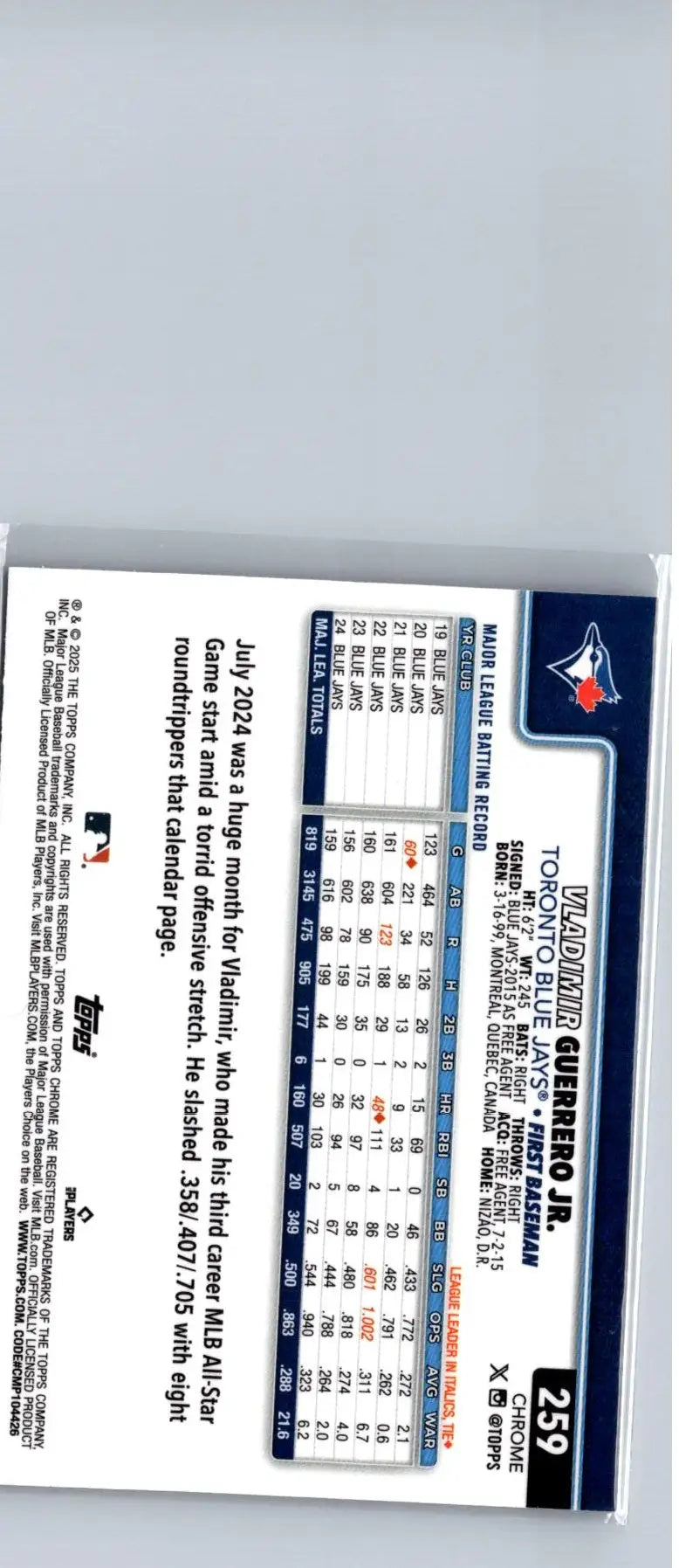 Baseball card of Vladimir Guerrero Jr. from 2025 Topps Chrome Raywave Refractors