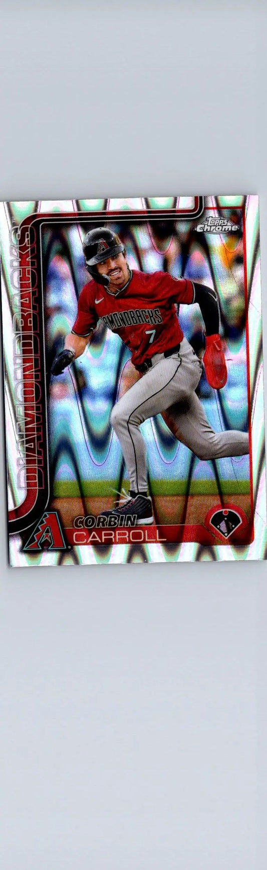 Baseball trading card of Corbin Carroll Raywave Refractors from 2025 Topps Chrome