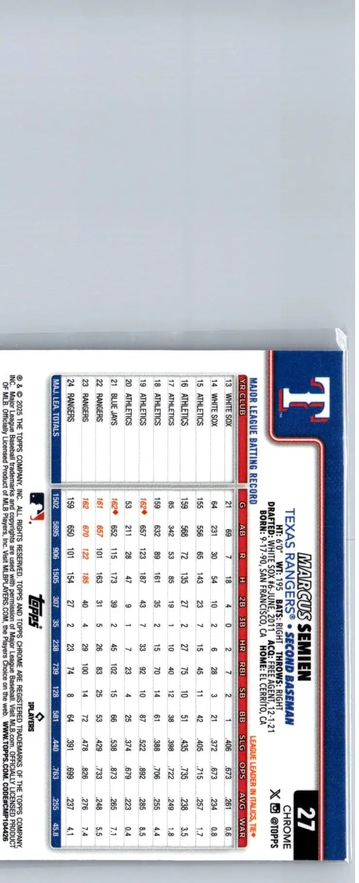 Baseball trading card featuring Marcus Semien from 2025 Topps Chrome X-Fractors