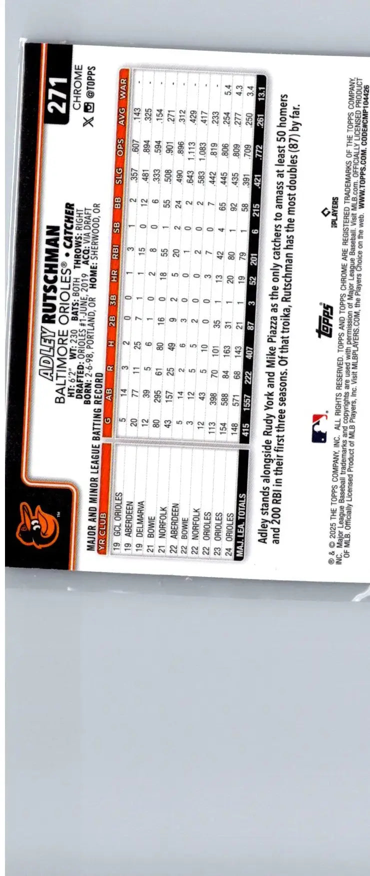 Back of a 2025 Topps Chrome Adley Rutschman Raywave Refractors trading card