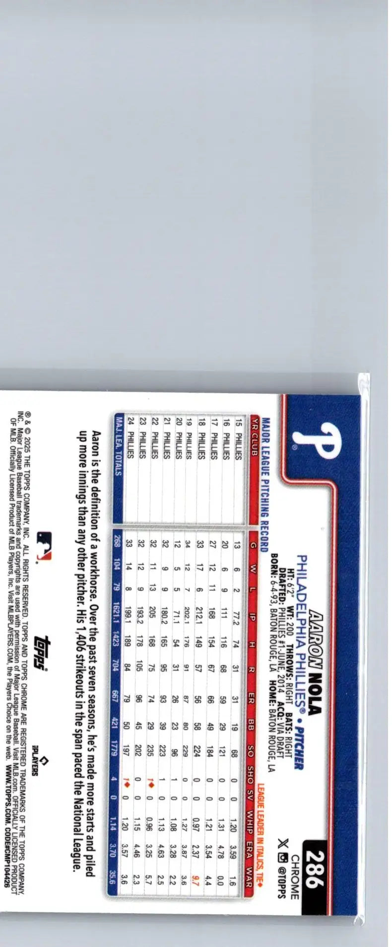 Back of 2025 Topps Chrome Aaron Nola trading card with player stats and info