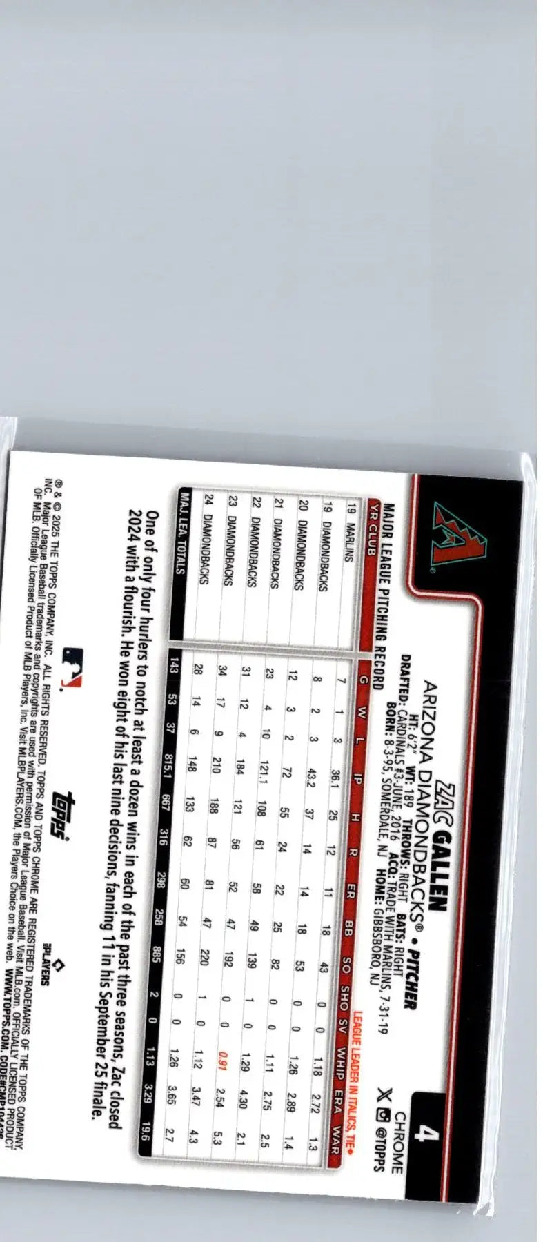 Back of 2025 Topps Chrome Zac Gallen Sepia Refractors baseball trading card featuring Zac Gallen
