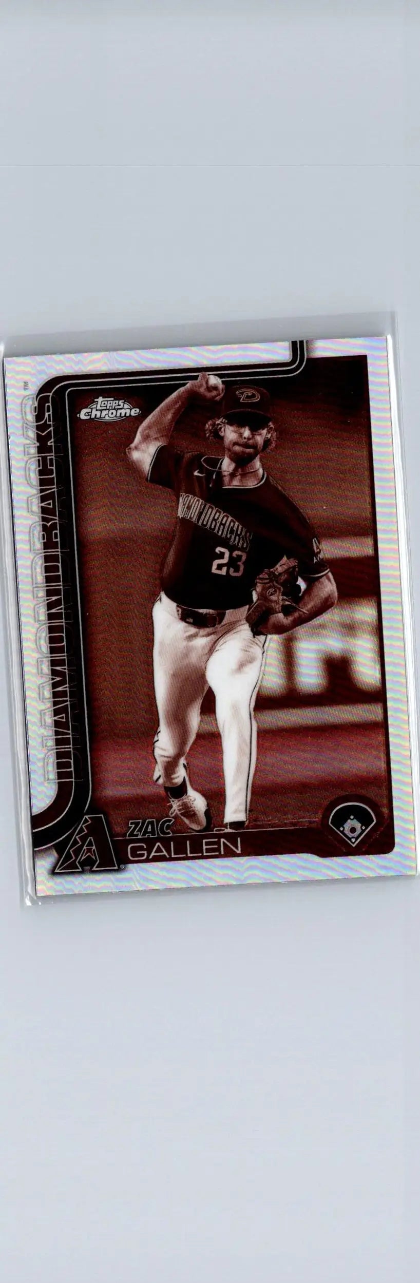 Baseball trading card of Zac Gallen in dark uniform with number 23, 2025 Topps Chrome Gallen Sepia Refractors