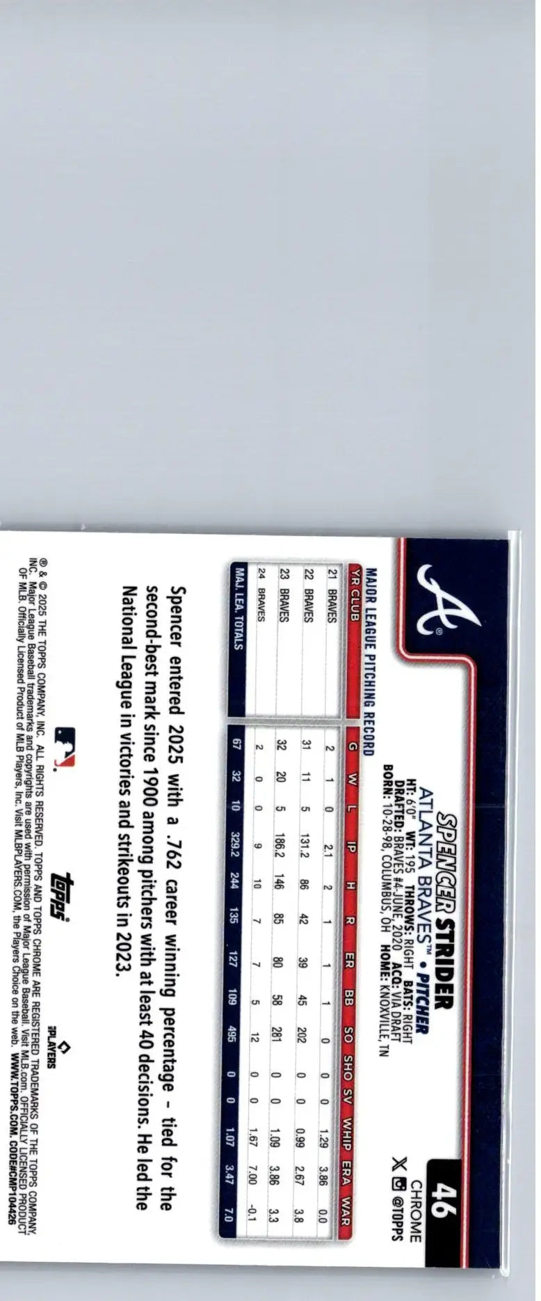 Baseball trading card of Spencer Strider from Topps Chrome 2025 X-Fractors series