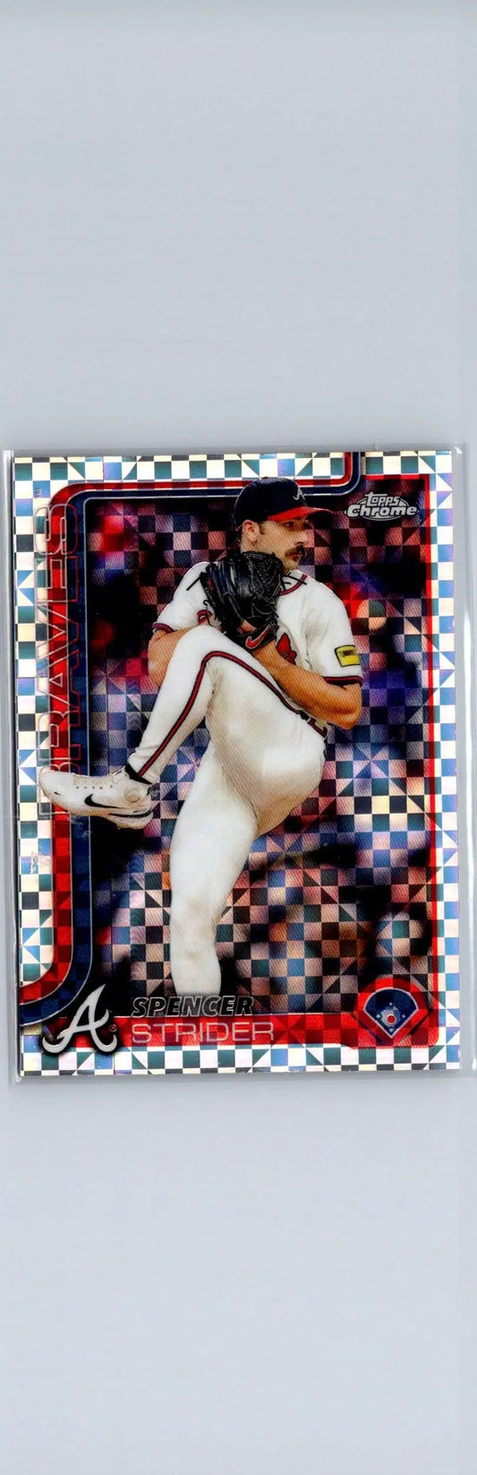Baseball trading card of Spencer Strider in Topps Chrome 2025 with checkerboard border