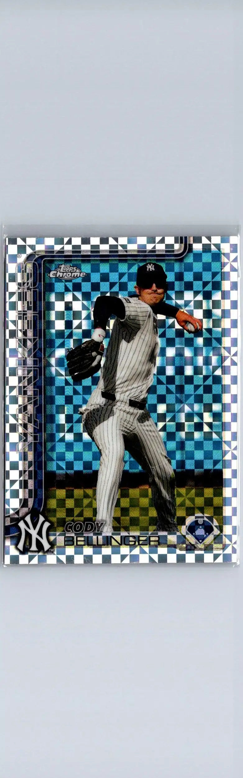 Baseball trading card of Cody Bellinger in Yankees uniform from 2025 Topps Chrome series
