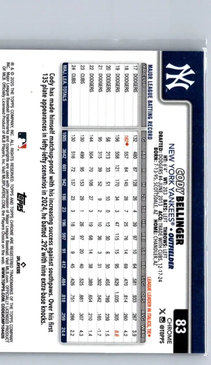 Cody Bellinger 2025 Topps Chrome X-Fractors baseball card featuring New York Yankees