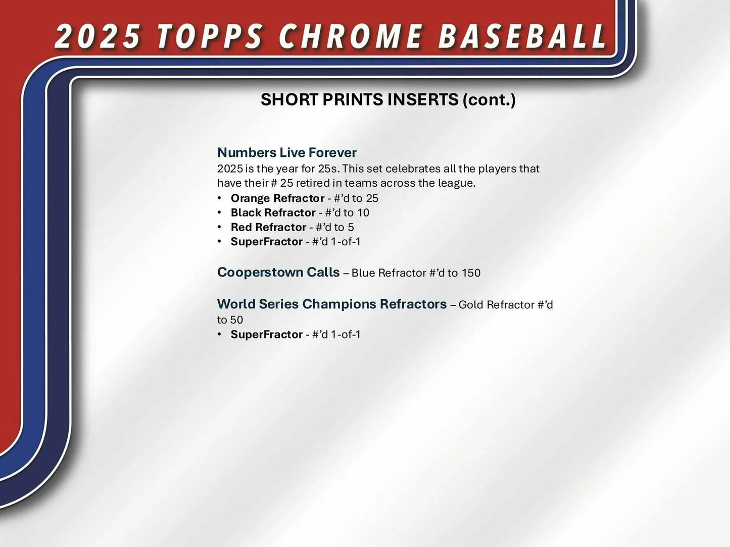 Product info sheet for 2025 Topps Chrome Baseball short prints inserts in baseball hobby jumbo box