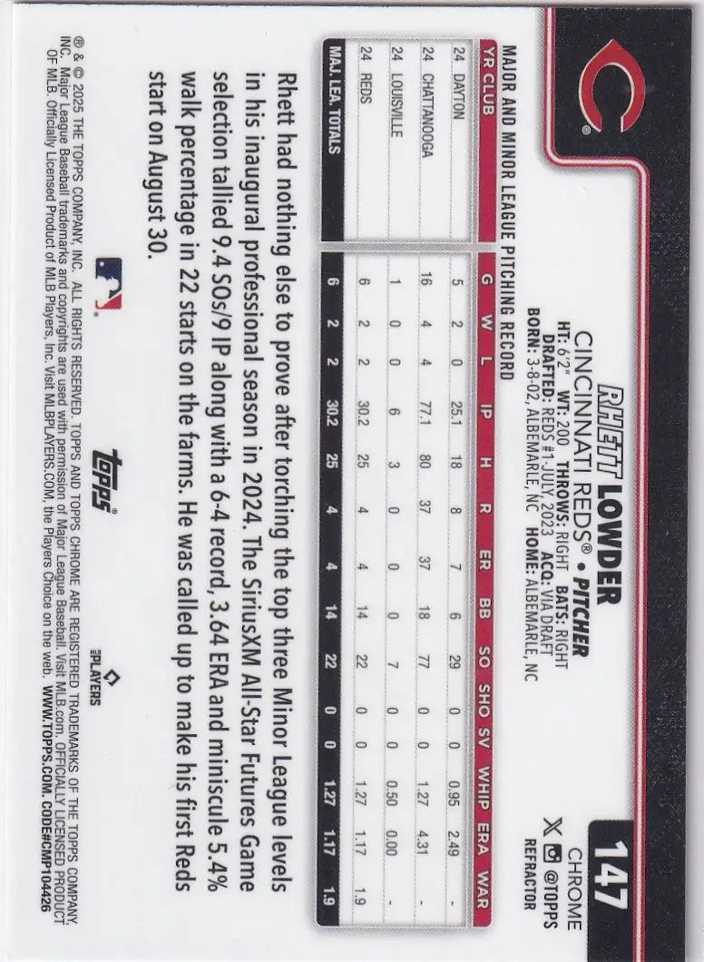 Back of 2025 Topps Chrome Baseball Refractor Rhett Lowder Cincinnati Reds card showing stats