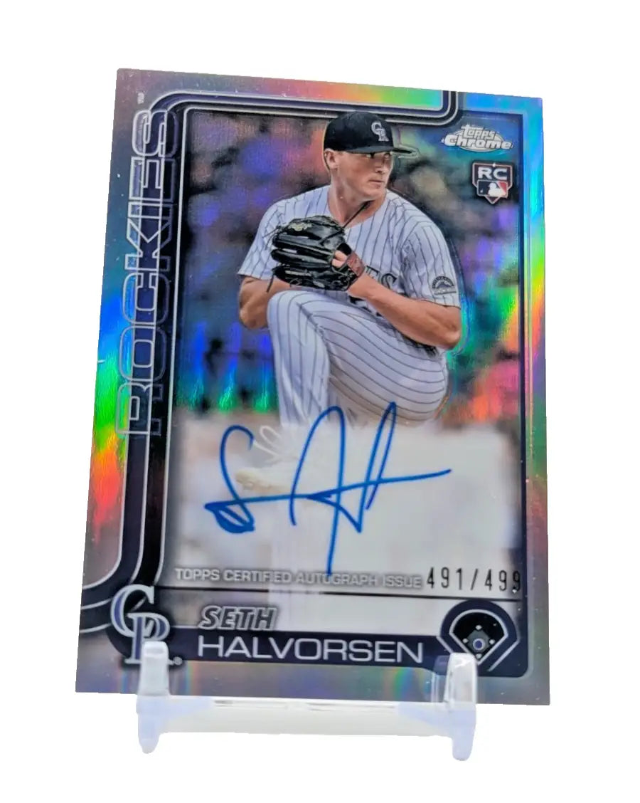 Signed Seth Halvorsen baseball card from 2025 Topps Chrome Baseball Refractor series