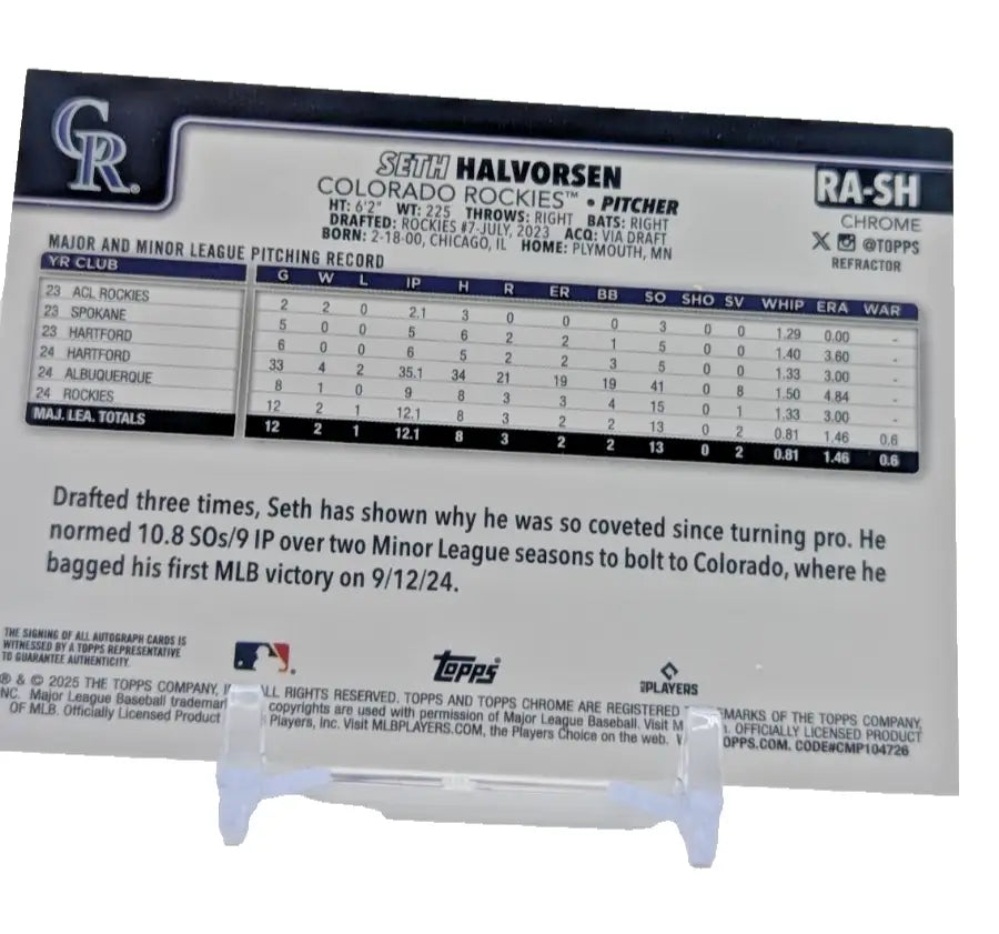 Seth Halvorsen baseball card from 2025 Topps Chrome Baseball featuring auto Refractor